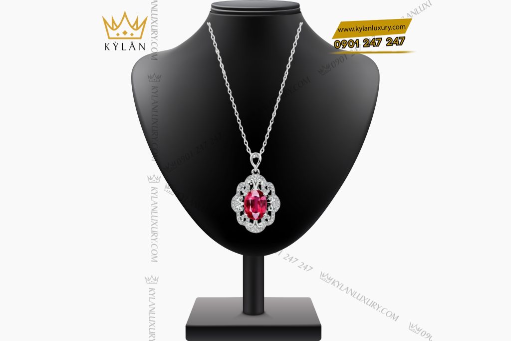 Kỳ Lân Luxury 1 21 Mặt dây chuyền vàng trắng nguyên khối Au750 đính kim cương và đá ruby