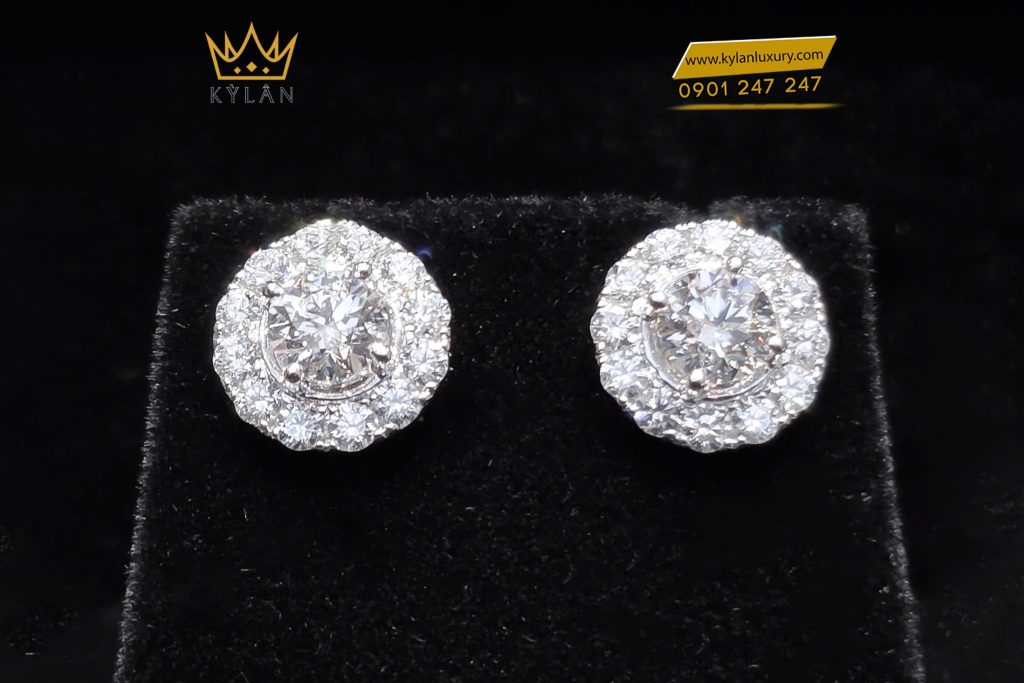 Kỳ Lân Luxury 1 23 Cặp bông tai vàng trắng nguyên khối Au750 đính viên chủ kim cương 5ly4