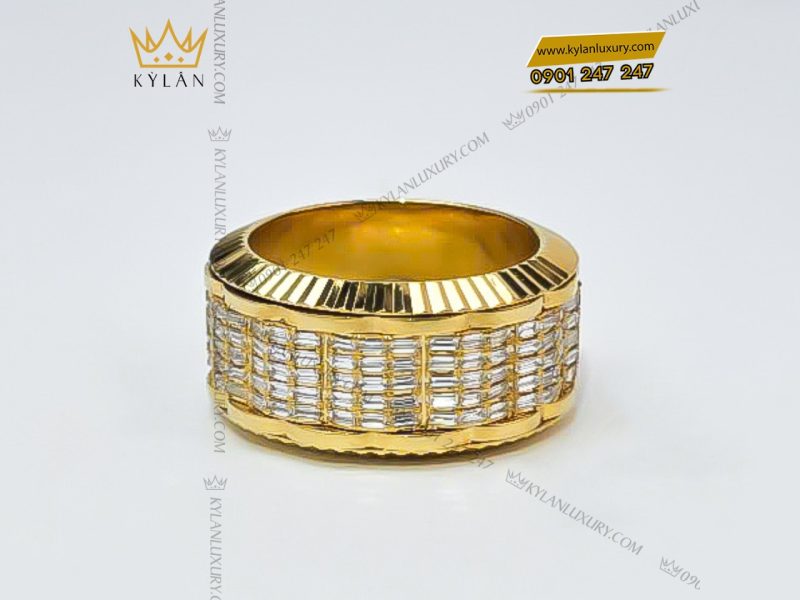 Nhẫn Rolex xoay vàng nguyên khối Au750 đính 5 hàng kim cương baguette