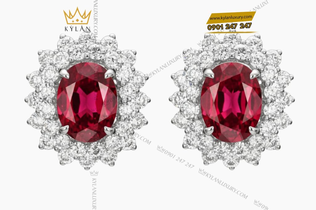 Kỳ Lân Luxury 1 34 Bông tai vàng trắng Au750 đính kim cương và đá Ruby 