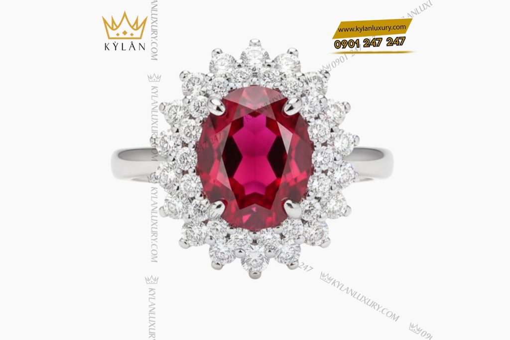 Nhẫn nữ vàng trắng nguyên khối Au750 đính kim cương và đá Ruby