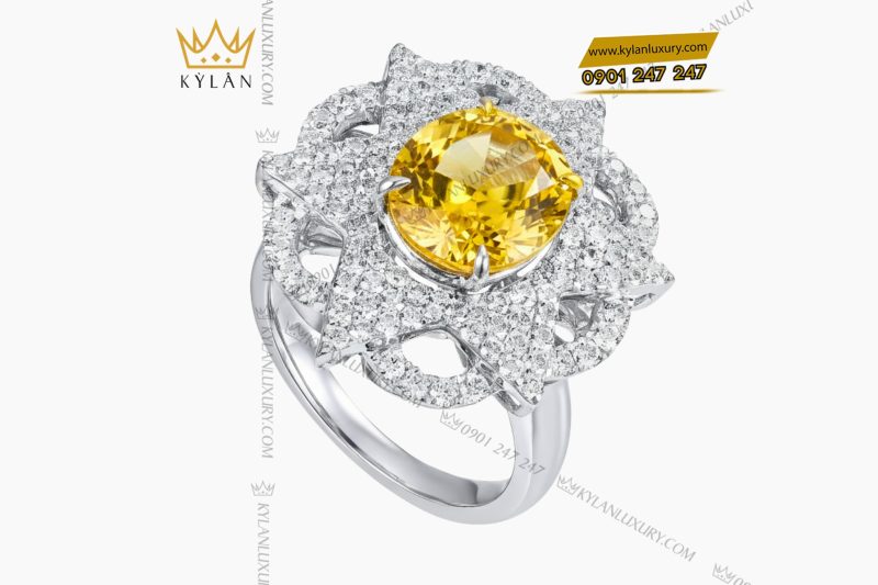 Nhẫn nữ vàng trắng nguyên khối Au750 đính kim cương và đá Sapphire vàng