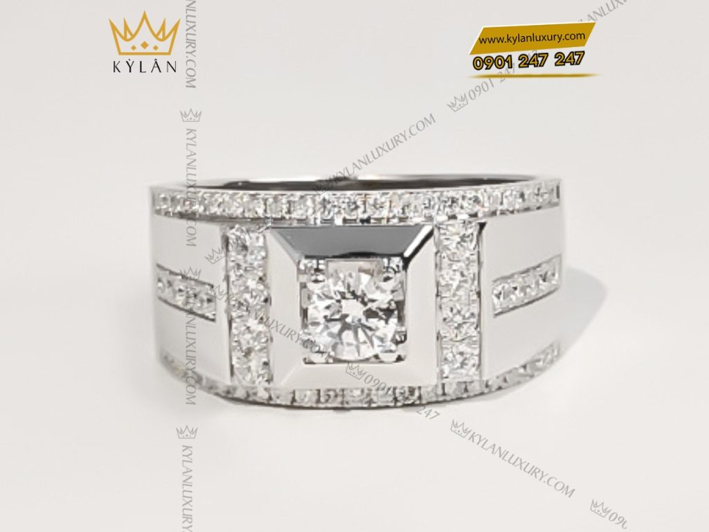 Kỳ Lân Luxury 1 42 Nhẫn vàng trắng nguyên khối Au750 đính kim cương chủ 5ly4