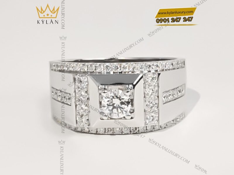 Nhẫn vàng trắng nguyên khối Au750 đính kim cương chủ 5ly4
