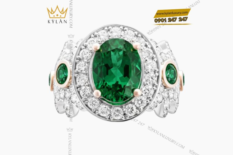 Nhẫn nữ vàng trắng Au750 đính kim cương và đá ngọc lục bảo