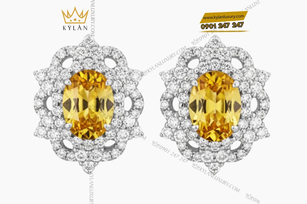 Kỳ Lân Luxury 1 52 Bông tai vàng trắng Au750 đính kim cương và đá Sapphire vàng