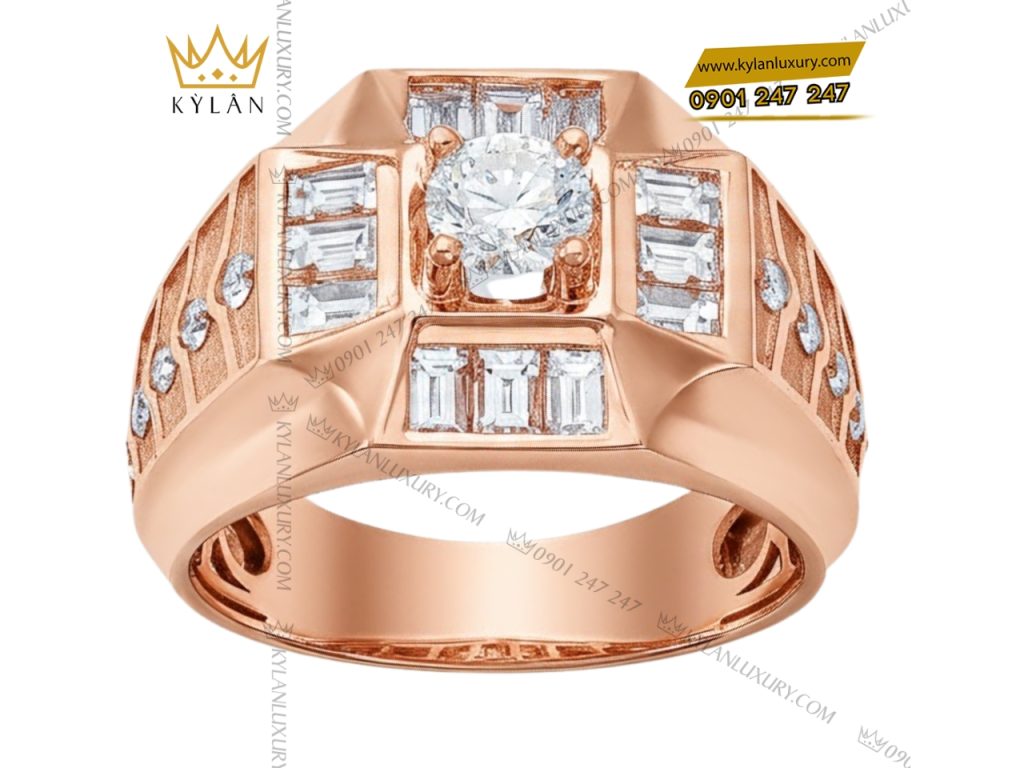 Nhẫn nam vàng hồng nguyên khối Au750 đính kim cương