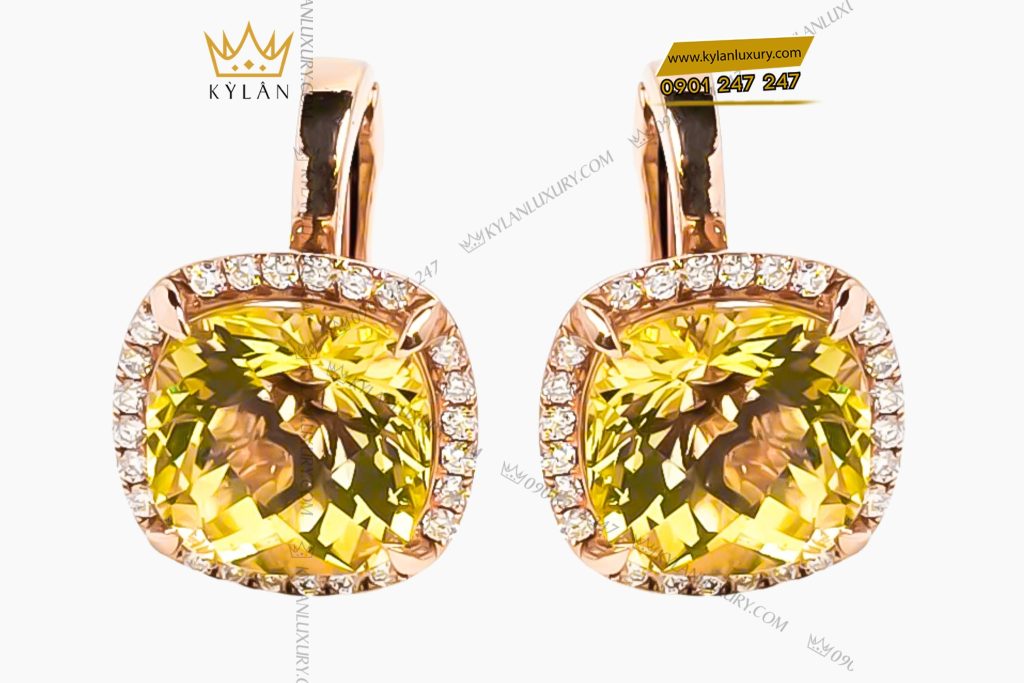 Kỳ Lân Luxury 1 73 Bông tai vàng hồng Au750 đính đá thạch anh vàng
