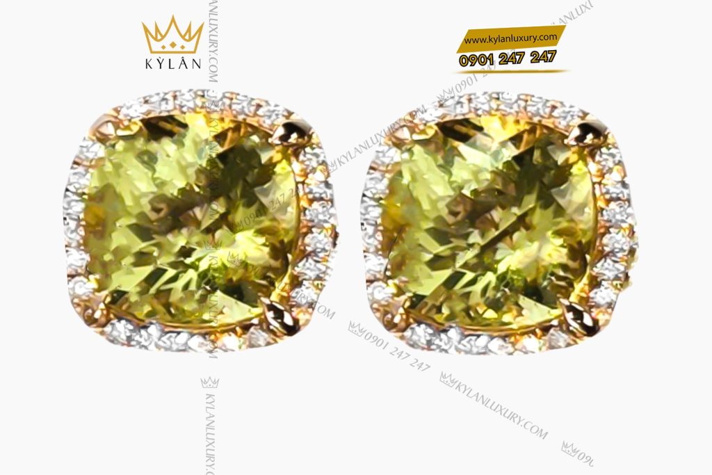 Bông tai vàng hồng Au750 đính đá thạch anh vàng 2 Bông tai vàng hồng nguyên khối Au750 đính đá thạch anh vàng