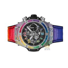 Hublot Big Bang Unico Titanium Rainbow 44mm – đồng hồ titan nạm đá quý cầu vồng, mặt skeleton đen và bộ máy UNICO mạnh mẽ.