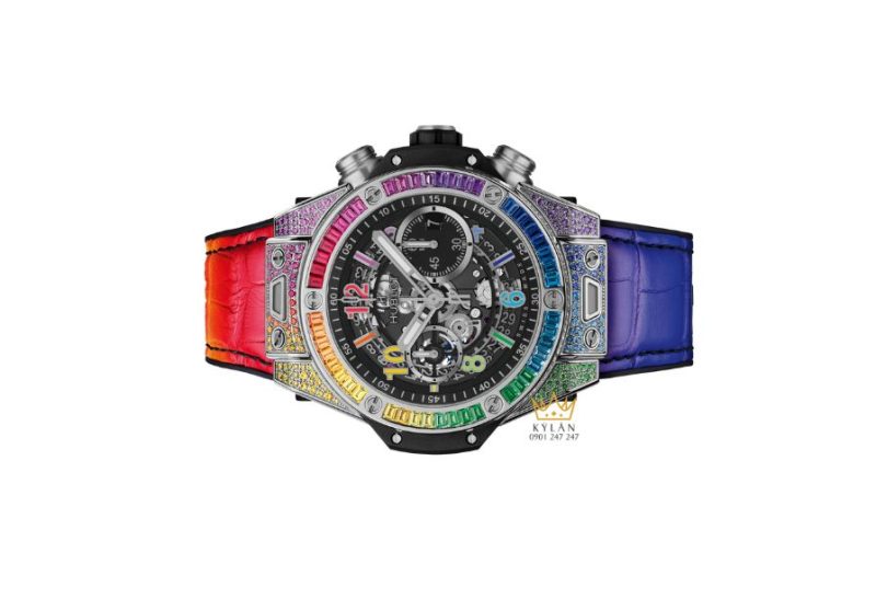 Hublot Big Bang Unico Titanium Rainbow 44mm – đồng hồ titan nạm đá quý cầu vồng, mặt skeleton đen và bộ máy UNICO mạnh mẽ.