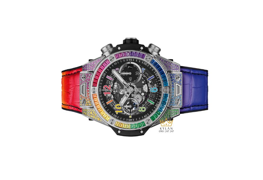 Hublot Big Bang Unico Titanium Rainbow 44mm – đồng hồ titan nạm đá quý cầu vồng, mặt skeleton đen và bộ máy UNICO mạnh mẽ.