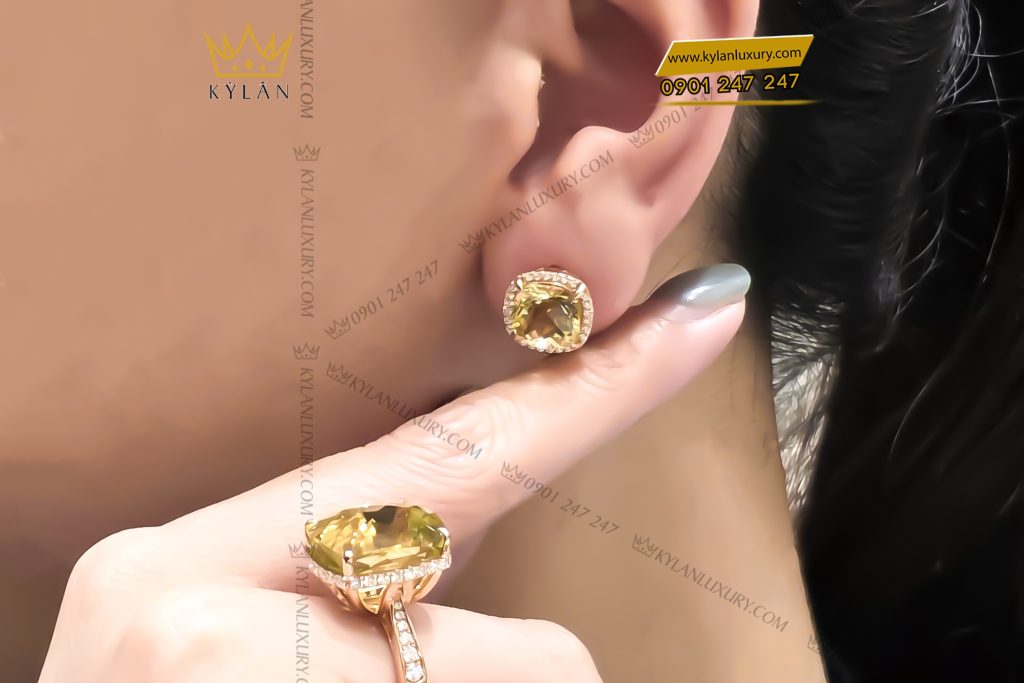 Bông tai vàng hồng Au750 đính đá thạch anh vàng 7 Bông tai vàng hồng nguyên khối Au750 đính đá thạch anh vàng