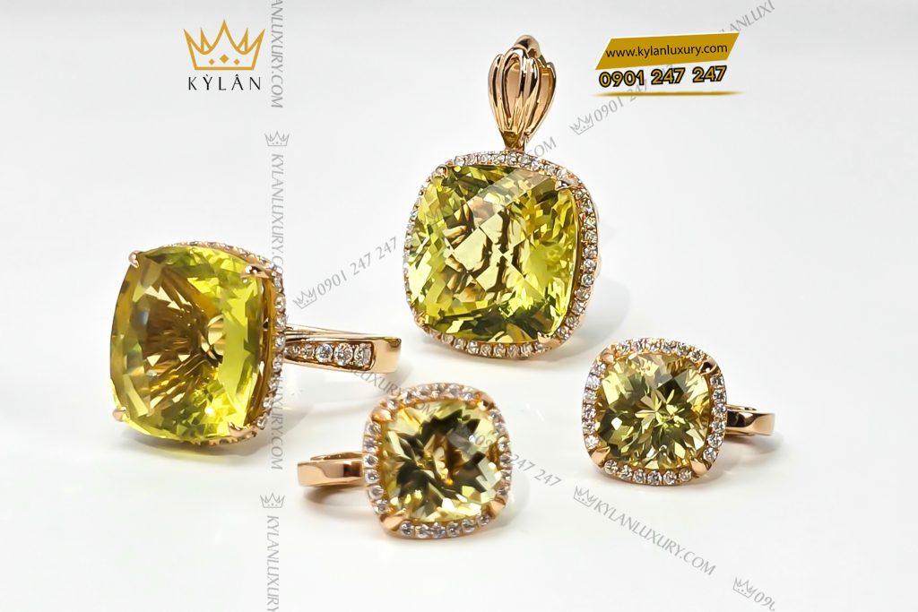 Kỳ Lân Luxury 10 12 Nhẫn vàng hồng nguyên khối Au750 đính đá thạch anh vàng