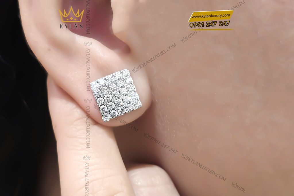 Kỳ Lân Luxury 10 6 Bông tai mặt hình chữ nhật vàng trắng Au750 đính kim cương 