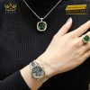 Nhẫn vàng trắng nguyên khối Au750 đính kim cương và đá ngọc lục bảo