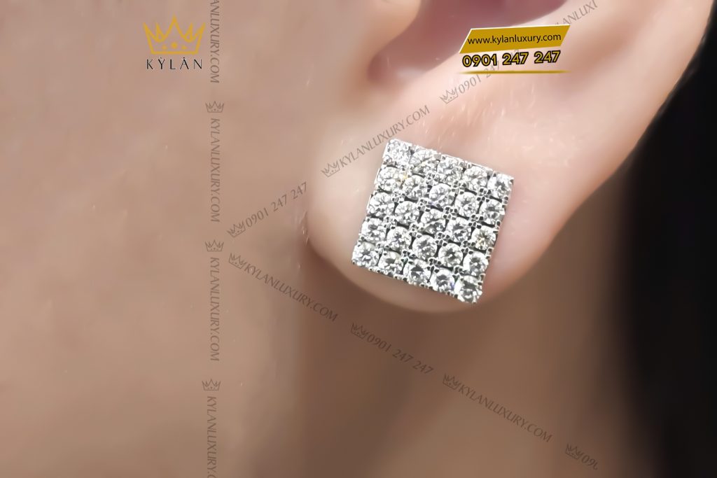 Kỳ Lân Luxury 11 5 Bông tai mặt hình chữ nhật vàng trắng Au750 đính kim cương 