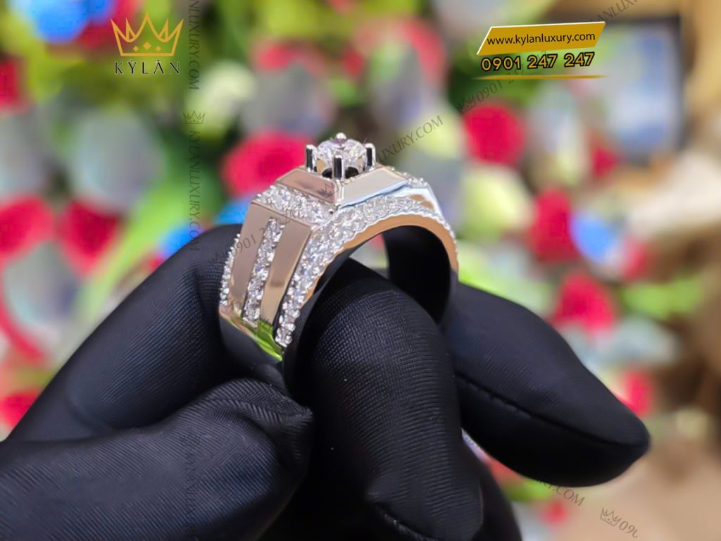 Kỳ Lân Luxury 11 7 Nhẫn vàng trắng nguyên khối Au750 đính kim cương chủ 5ly4