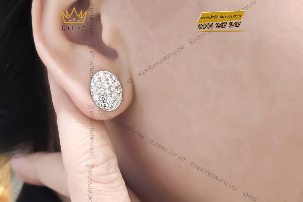 Bông tai hình oval vàng trắng Au750 đính kim cương