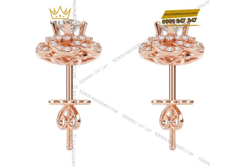 Bông tai nữ vàng hồng nguyên khối Au750 đính kim cương