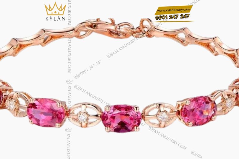 Lắc tay vàng hồng nguyên khối Au750 đính kim cương và đá ruby 