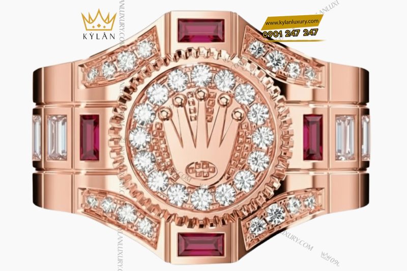 Nhẫn Rolex vàng hồng nguyên khối Au750 đính kim cương và đá ruby đỏ
