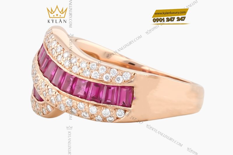 Nhẫn nữ vàng hồng Au750 đính kim cương & ruby hồng