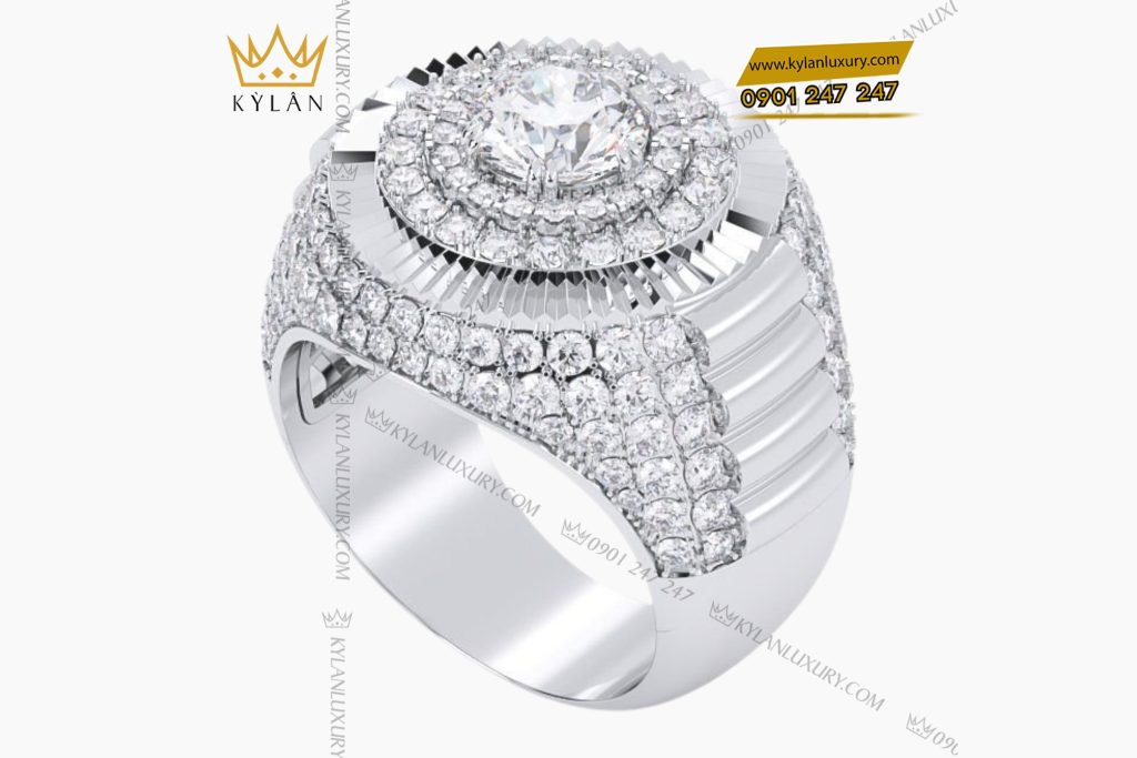 Nhẫn nam vàng trắng nguyên khối Au750 đính kim cương