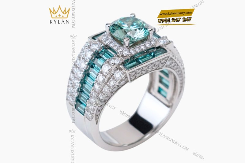 Nhẫn nam vàng trắng nguyên khối Au750 đính kim cương & đá xanh lục