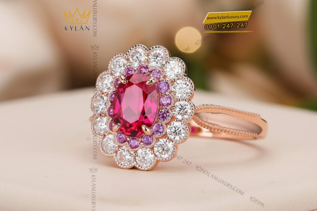 Kỳ Lân Luxury 2 11 Nhẫn nữ vàng hồng nguyên khối Au750 đính kim cương và đá ruby 