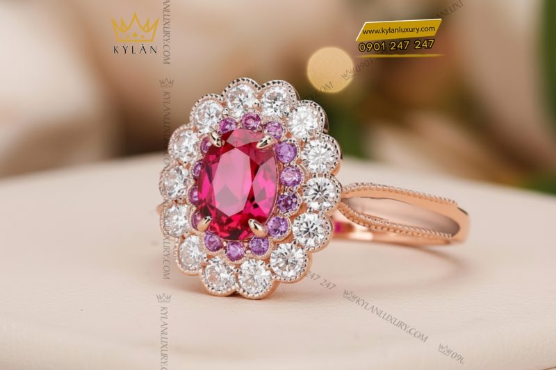 Nhẫn nữ vàng hồng nguyên khối Au750 đính kim cương và đá ruby 