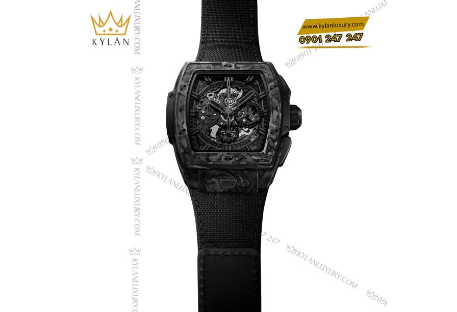 Hublot Spirit of Big Bang Frosted Carbon 42mm 3 Toàn cảnh mặt đồng hồ sapphire trong suốt và dây vải đen với khóa gốm của Spirit of Big Bang Frosted Carbon