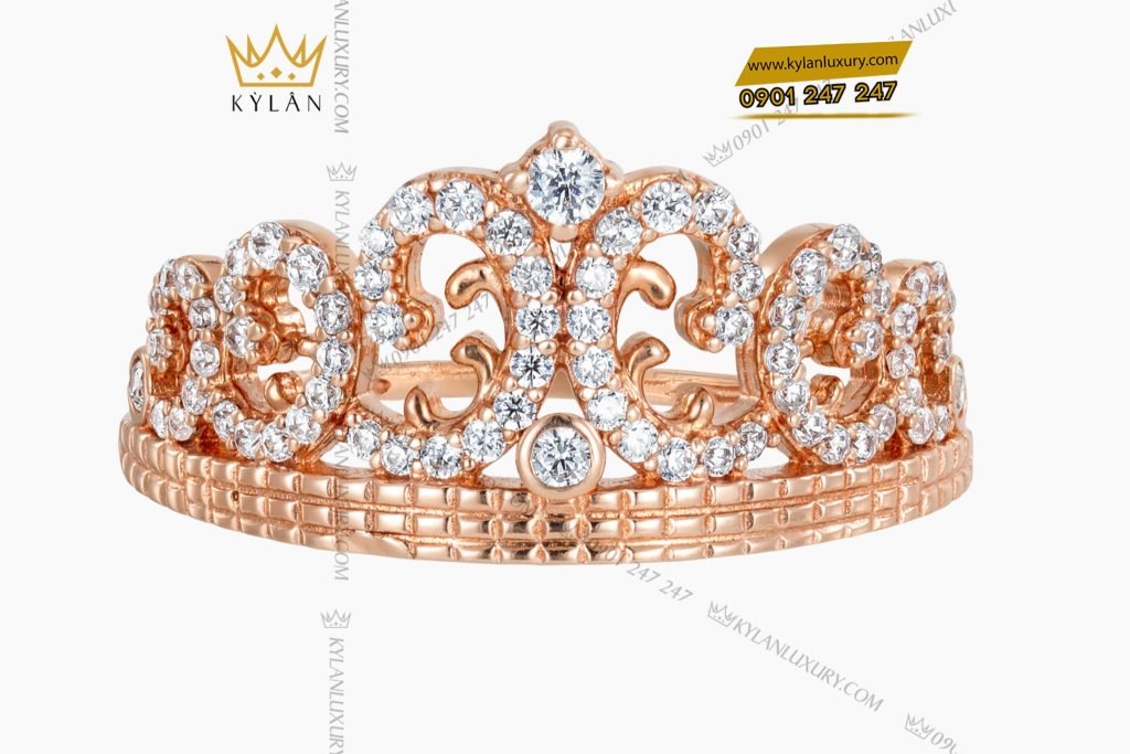 Nhẫn nữ vương miện vàng hồng Au750 đính kim cương