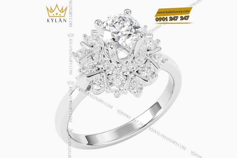 Nhẫn nữ kim cương vàng trắng nguyên khối Au750 