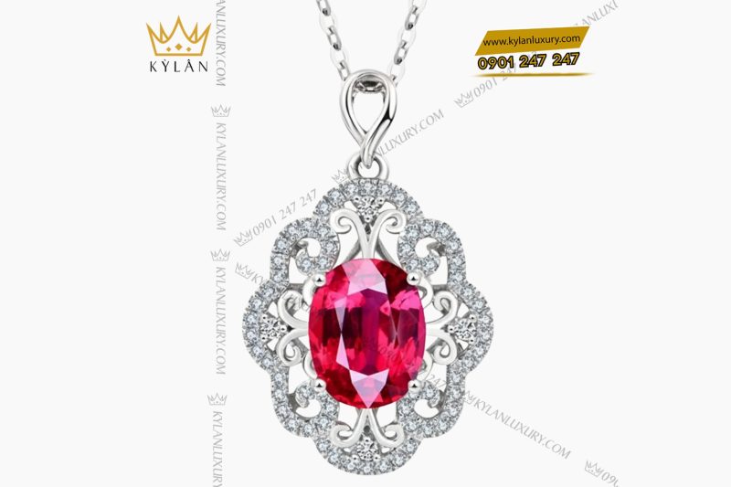 Mặt dây chuyền vàng trắng nguyên khối Au750 đính kim cương và đá ruby