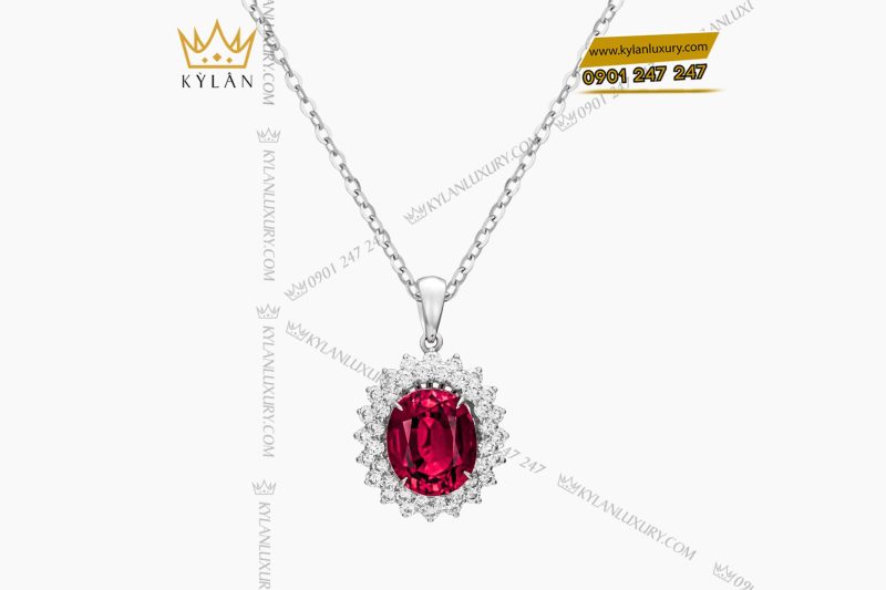 Mặt dây chuyền vàng trắng nguyên khối Au750 đính kim cương và đá ruby