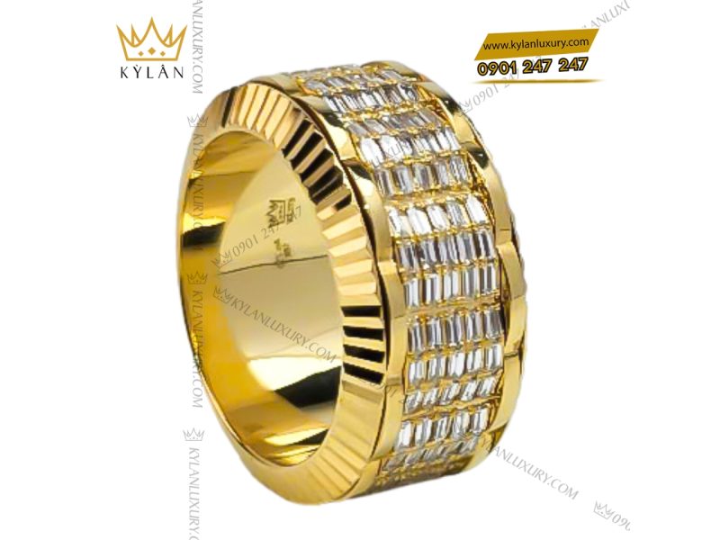 Nhẫn Rolex xoay vàng nguyên khối Au750 đính 5 hàng kim cương baguette