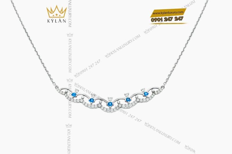 Dây chuyền vàng trắng nguyên khối Au750 đính kim cương và đá Topaz xanh