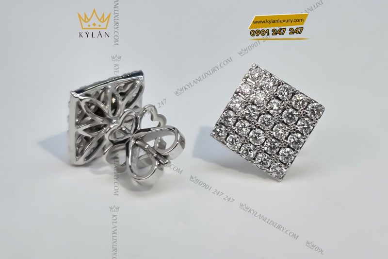 Bông tai mặt hình chữ nhật vàng trắng Au750 đính kim cương 
