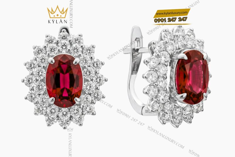 Bông tai vàng trắng Au750 đính kim cương và đá Ruby 
