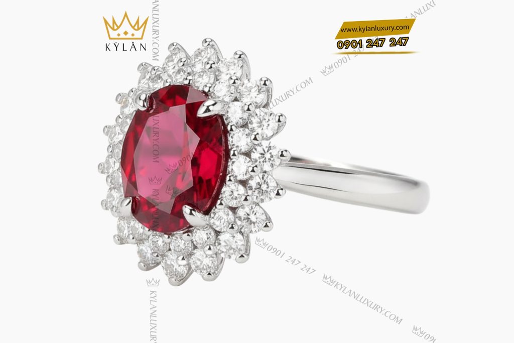 Nhẫn nữ vàng trắng nguyên khối Au750 đính kim cương và đá Ruby