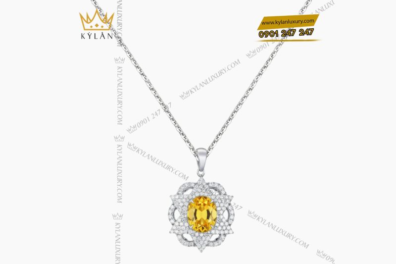 Mặt dây chuyền vàng trắng nguyên khối Au750 đính kim cương và đá Sapphire vàng