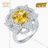Nhẫn nữ vàng trắng nguyên khối Au750 đính kim cương và đá Sapphire vàng