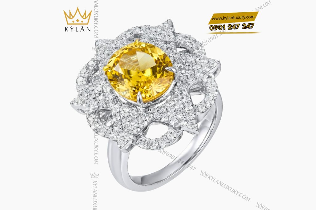 Nhẫn nữ vàng trắng nguyên khối Au750 đính kim cương và đá Sapphire vàng