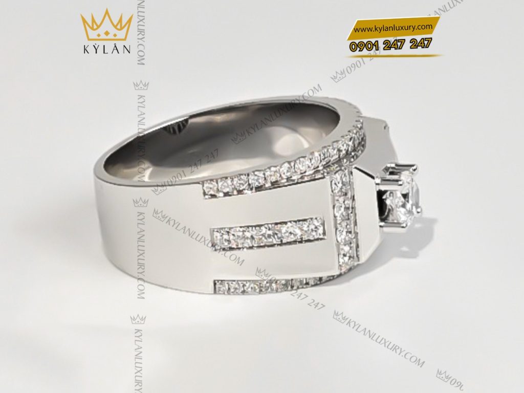 Kỳ Lân Luxury 2 42 Nhẫn vàng trắng nguyên khối Au750 đính kim cương chủ 5ly4