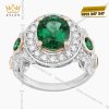 Nhẫn nữ vàng trắng Au750 đính kim cương và đá ngọc lục bảo