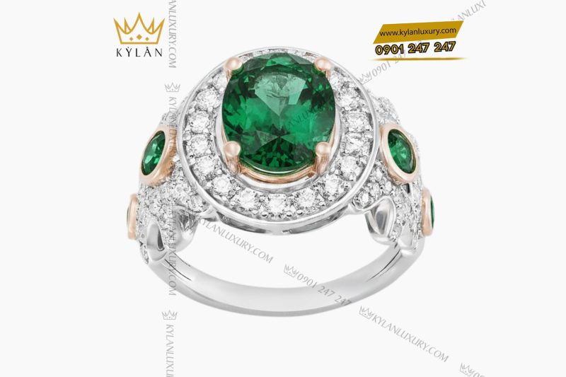 Nhẫn nữ vàng trắng Au750 đính kim cương và đá ngọc lục bảo