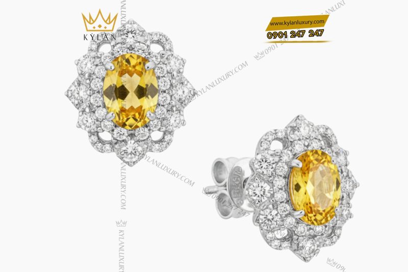 Bông tai vàng trắng Au750 đính kim cương và đá Sapphire vàng