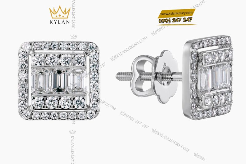 Bông tai vàng trắng Au750 đính kim cương baguette