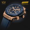 Bộ máy HUB1280 UNICO trong Hublot Big Bang Unico King Gold Blue Ceramic 44mm – chronograph flyback tự động với bánh xe cột và dự trữ năng lượng 72 giờ.